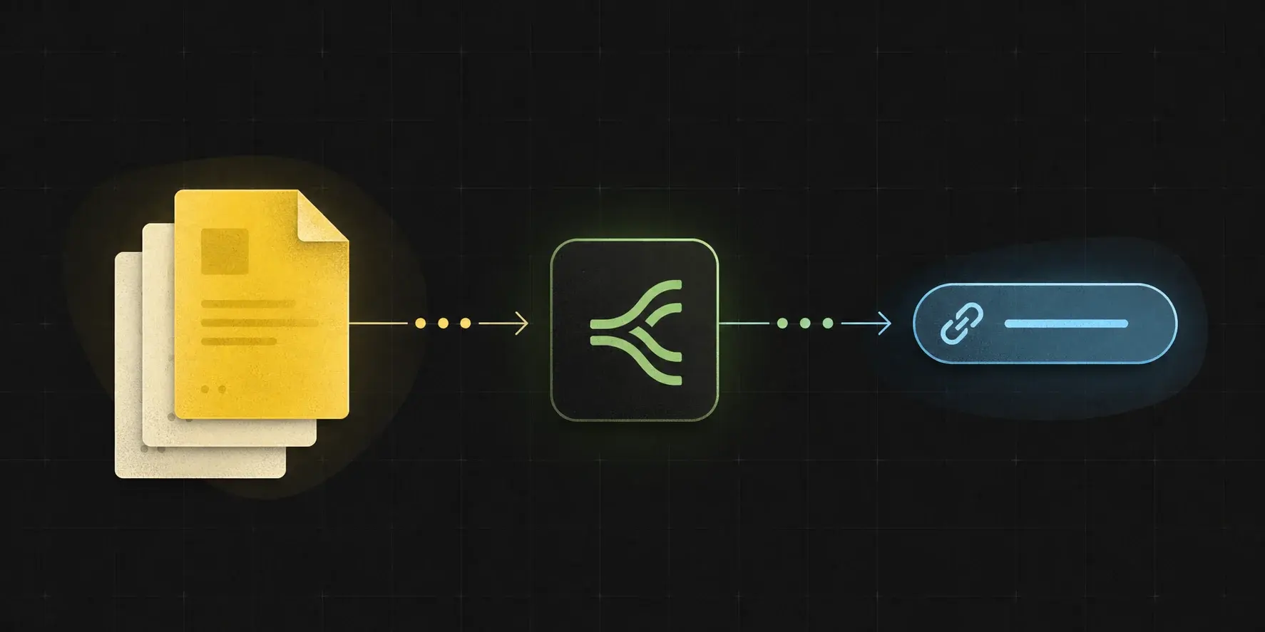 Dark technical system artwork showing workflow files becoming direct public URLs for downstream APIs.